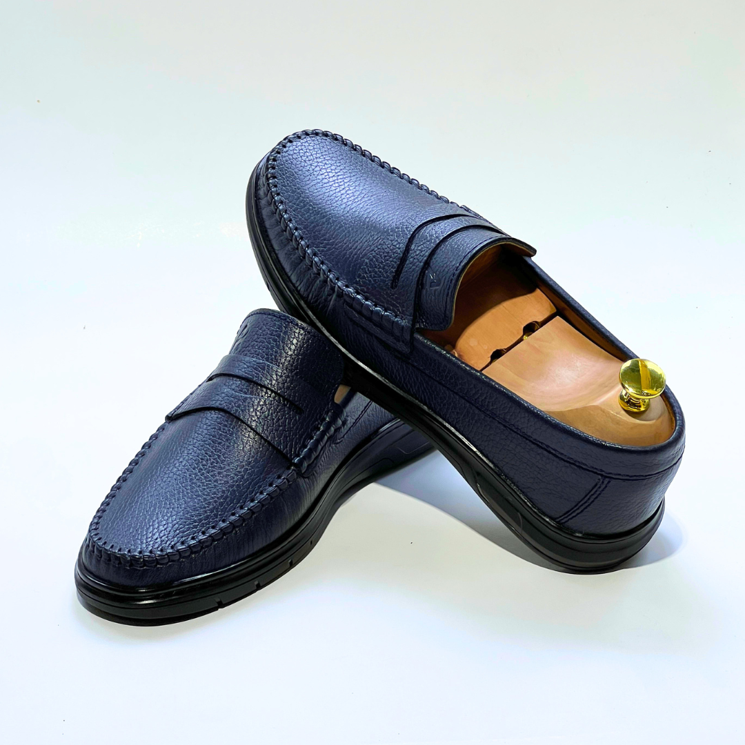 Denver: Mocassin Homme Médical - 100% Cuir Grainé BLUE- ref 104